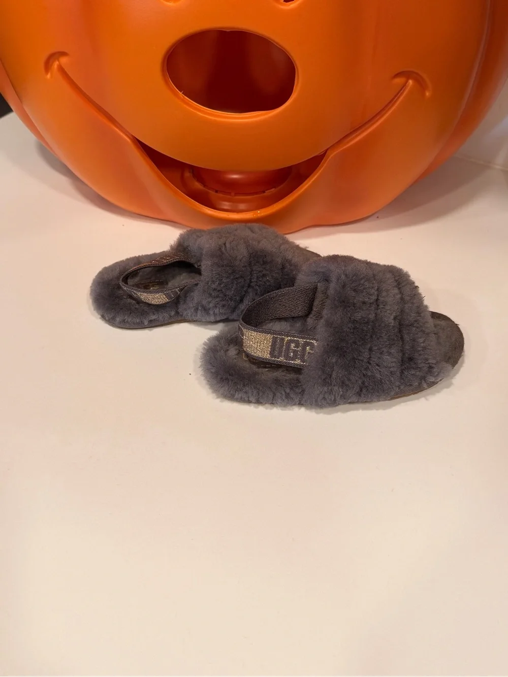 UGG Kids Grey Faux-Fur Slide Slippers